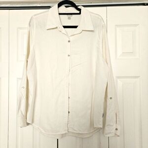 Orvis White Linen Rayon Button Up Shirt L Roll Tab Sleeve